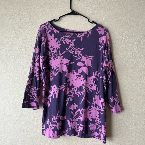 Chicos Enchanted Shadow 3/4 Sleeve Boat-Neck Tee 3 Pink Purple 100% Cotton - Picture 1 of 6